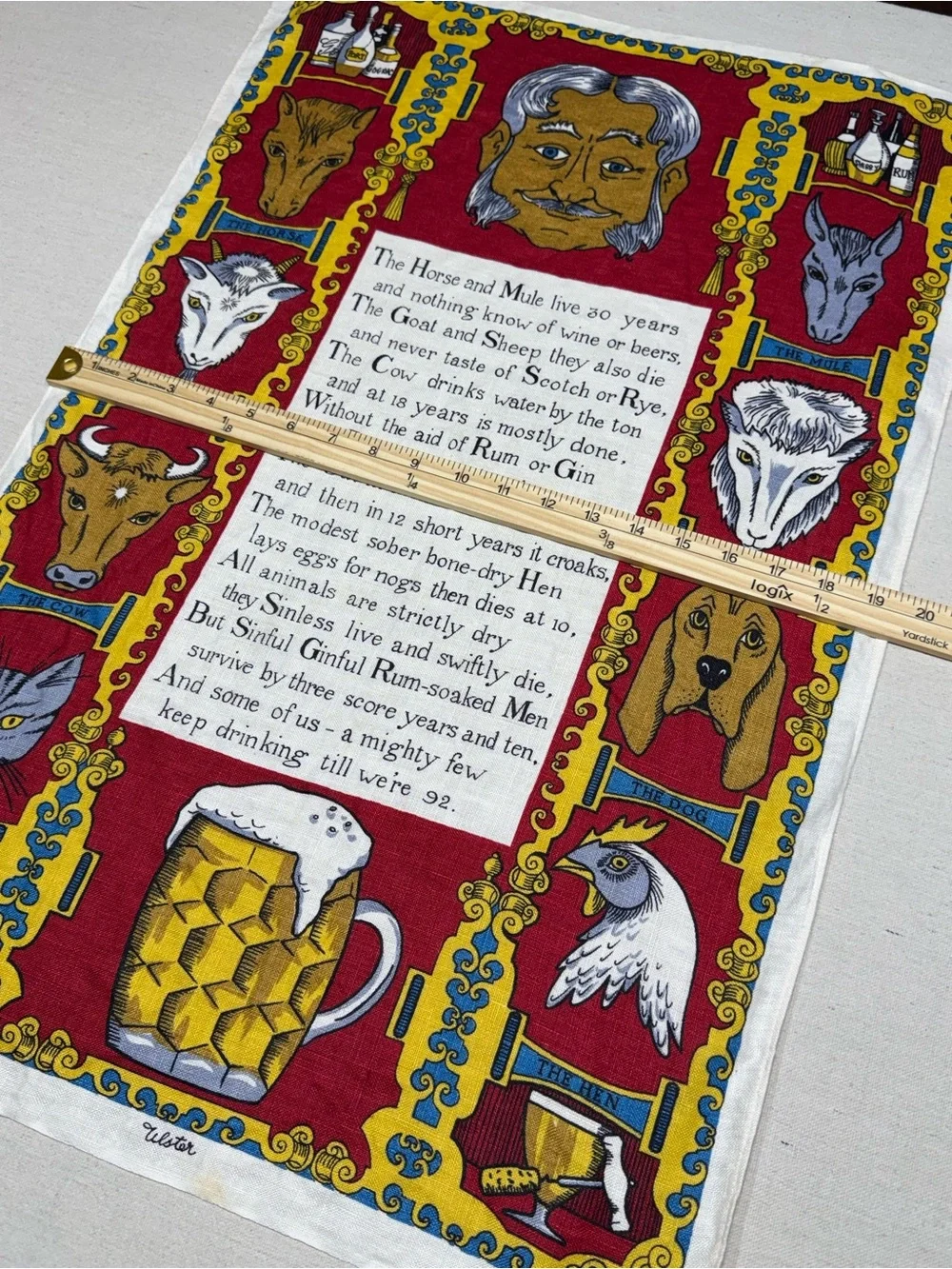 Vintage Irish Linen Tea Towel with Animal Motif and Poem - Red, Yellow, Blue